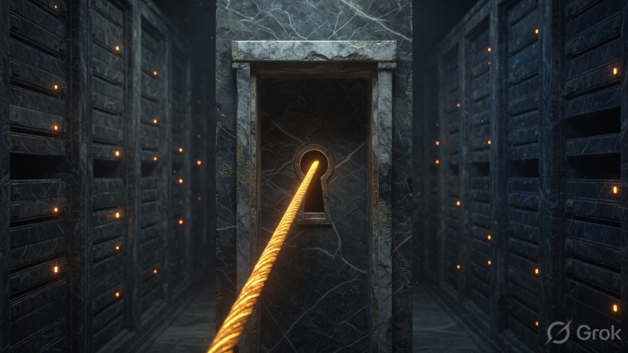 A glowing thread passing through a keyhole between dark corridors