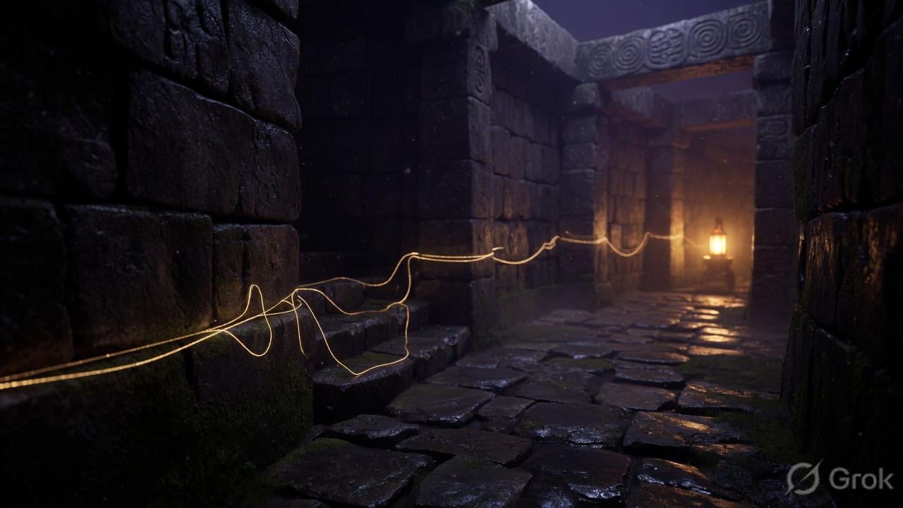 A brass thread winding through a dark stone maze toward a lantern